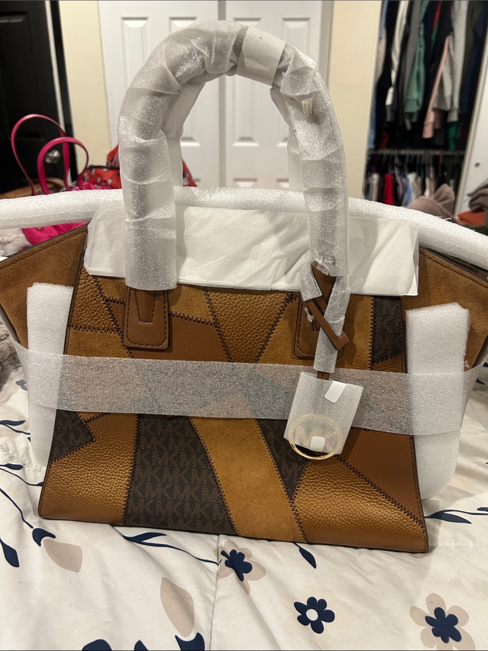 Michael Kors Brown Patchwork Leather Satchel with Tan Accents